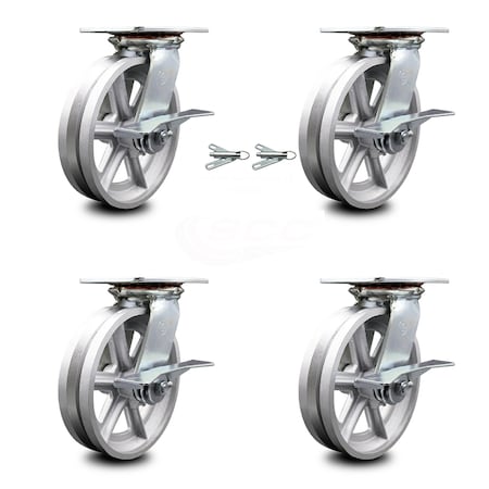 8 Inch V Groove Semi Steel Caster Set With Ball Bearing 4 Brake 2 Swivel Lock